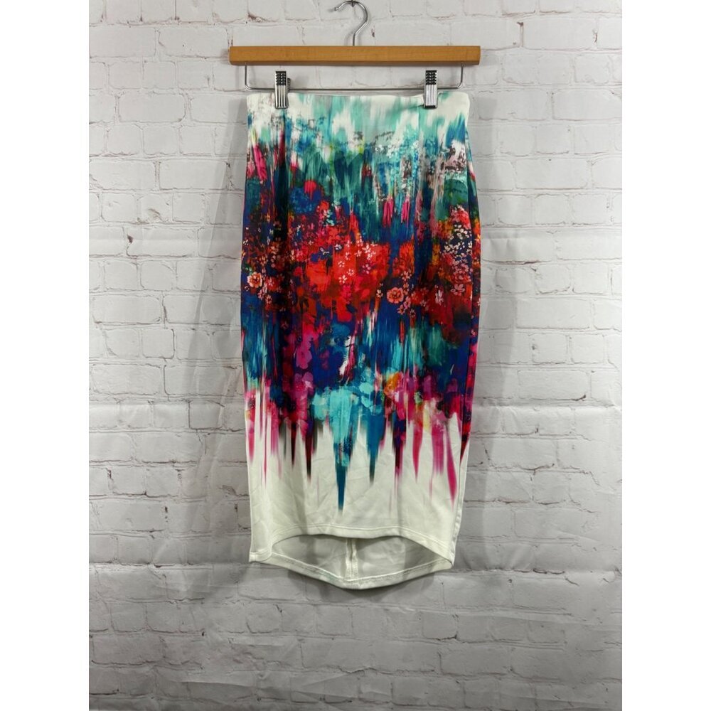 Bisou Bisou Skirt Womens Size XS Ivory Multicolor Artsy Paint High Low Hem